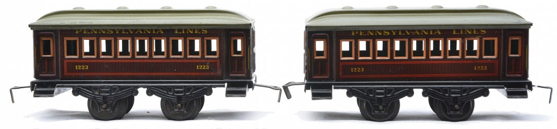 Karl Bub two 1223 Pennsylvania Lines Pass Cars: Karl Bub KBN prewar O gauge made for the American Market two 1223 lithograph four-wheel passenger cars lettered Pennsylvania Lines. The cars have steps on each end. The lithographing and paint on roof