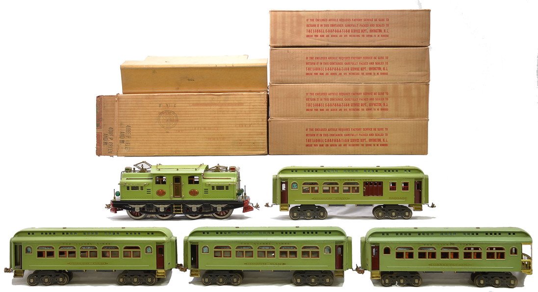 Lionel Apple Green Pass Set no. 409E Boxed: Lionel prewar standard gauge apple green passenger set no. 409E, circa 1929 all in individual OBs including; 408E electric 0-4-4-0 loco with red lettered brass plates, 419 Parlor/baggage, 418 Pullman,