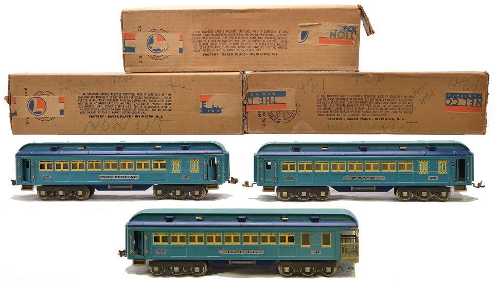 Lionel Blue Comet Cars w/Nickel Trim 420 421 422: Lionel prewar standard gauge Blue Comet passenger cars with nickel trim and journals including; 420 Faye Pullman, 421 Westphal Pullman and a 422 Tempel observation all in OBs. All of the cars are fade