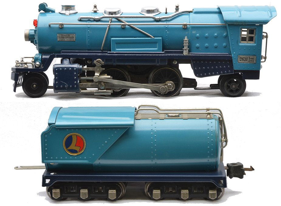 Lionel 263E Blue Comet Steam Loco 263W Tender: Lionel prewar O gauge 263E Blue Comet 2-4-2 steam loco with a 263W tender that have brass plates and nickel journals. The loco and tender have nickel trim. Loco and tender have been restored to look l