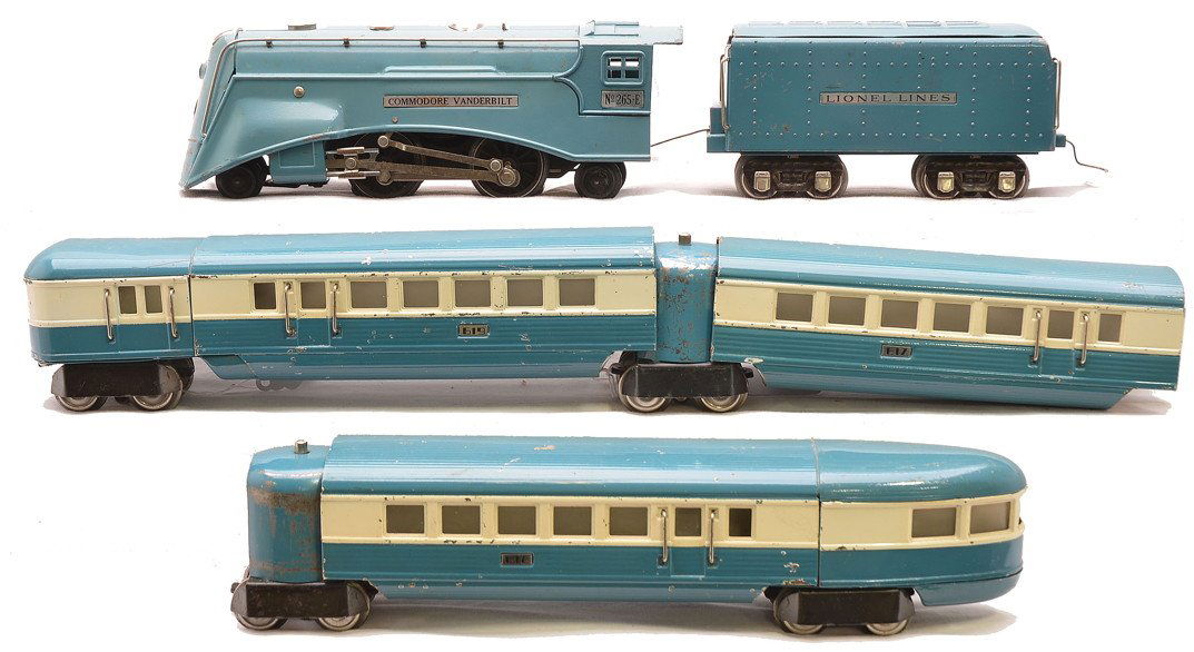 Lionel Blue Streak Streamlined Pass Set no. 295W: Lionel prewar O gauge Blue Streak streamlined passenger set no. 295W including; 265E Commodore Vanderbilt 2-4-2 steam loco, 265WX tender, 619 baggage/coach, 617 coach, 618 observation and two vestibul