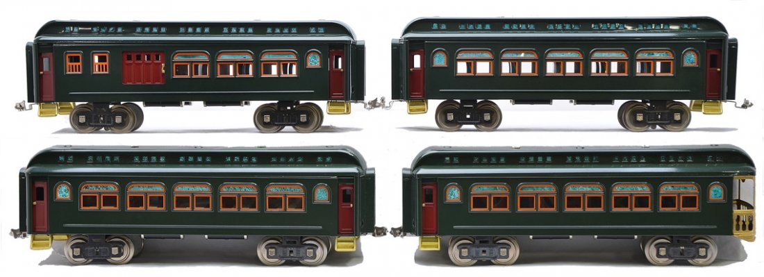 Williams Repro Lionel four Dark Green Pass Cars: Williams standard gauge reproduction of the Lionel four dark green passenger cars with orange window inserts, maroon doors and nickel journals. There is a combo, two Pullmans and observation. Cars are
