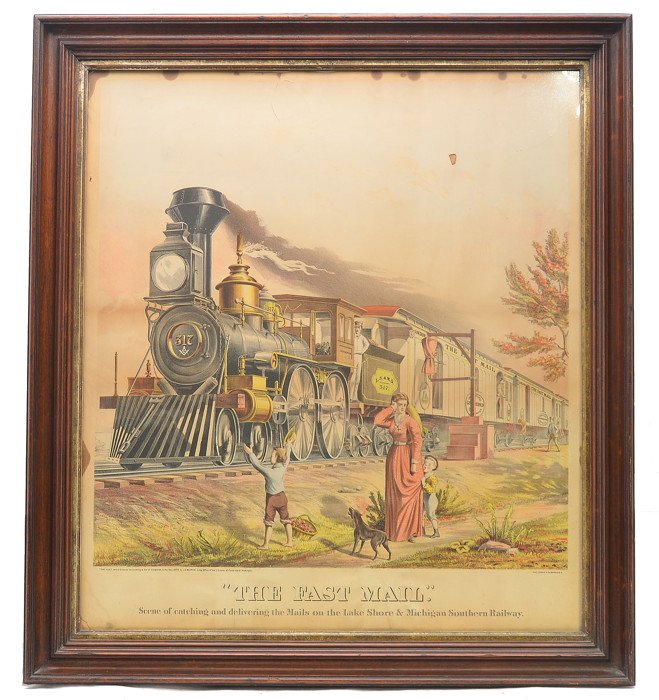 Clay Cosack and Co. THE FAST MAIL Stone Litho: Vintage Clay, Cosack & Co. Buffalo N.Y. original stone lithograph poster in a wooden frame behind glass which reads THE FAST MAIL Scene of catching and delivering the Mails on the Lake Shore & Michiga