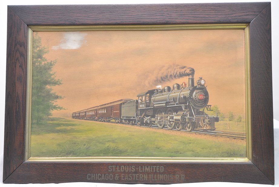 Vintage F.L. Van Ness Painting St. Louis RR: Vintage F. L. Van Ness 1907 original painting of the St. Louis Limited Chicago and Eastern Illinois R.R. which is also embossed in the vintage wooden frame. The painting has one area on the top left t