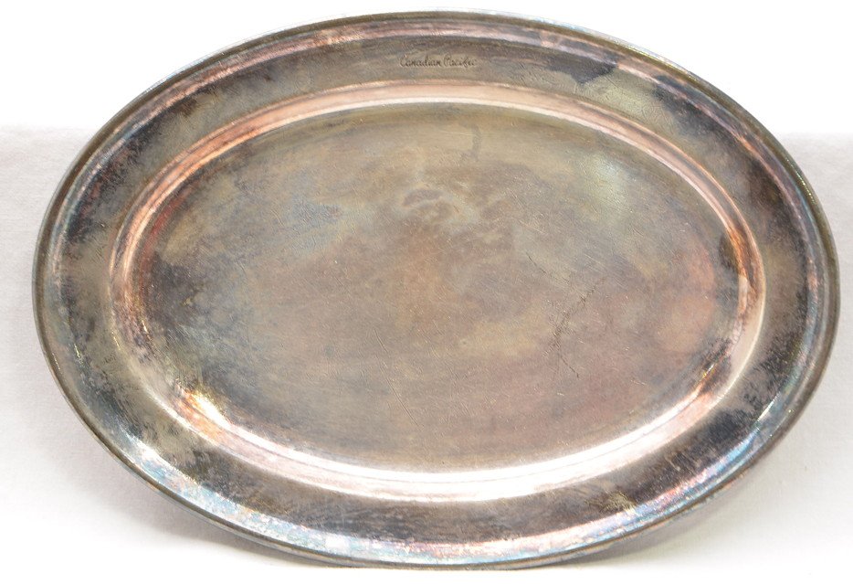 Mappin & Webb London Sheffield Silver Platter: Mappin & Webb London-Sheffield silver Canadian Pacific small serving platter. The platter has tarnishing.