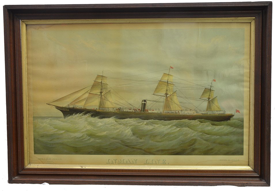 Major & Knapp Eng. Mfg. & Lith Inman Lines Framed: Vintage The Major & Knapp Eng. Mfg. & Lith. Co. framed behind glass lithographed Inman Lines poster. The frame measures 39 inches by 27 inches. William Inman Agent Liverpool and John G. Dale Agent New