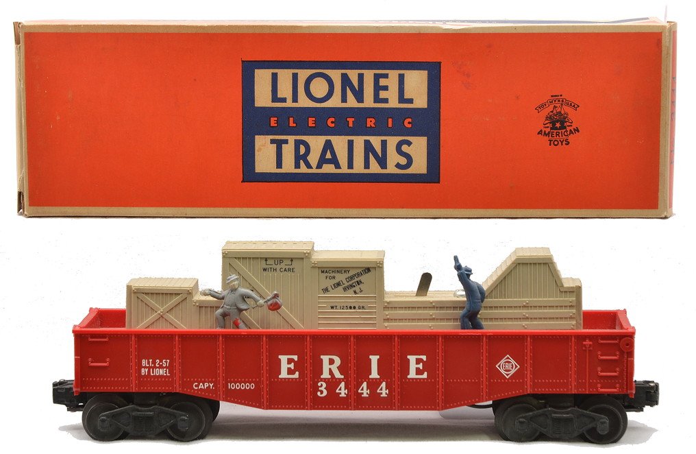 Lionel 3444 Animated Erie Gondola OB: Lionel postwar 3444 animated Erie gondola car in OB. Car has never been run, C9. OB is clean with all flaps attached.