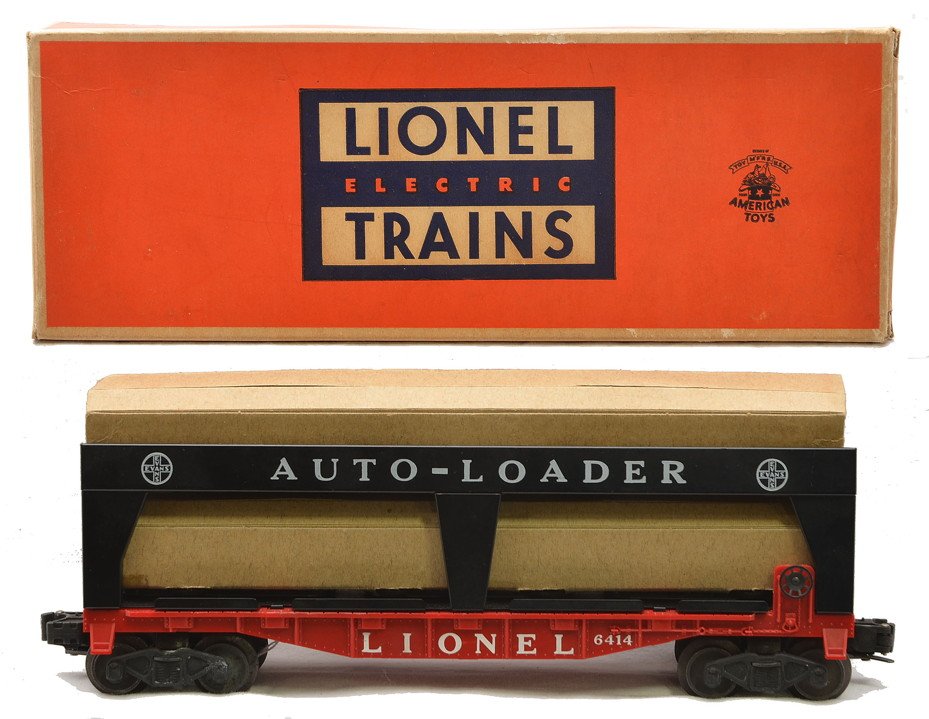 Lionel 6414 Evans Auto Loader w/4 Cars OB: Lionel postwar 6414 Evans auto loader with four cars in original cardboard sleeves all in OB. Car has never been run, C9. The OB is clean with all flaps attached.