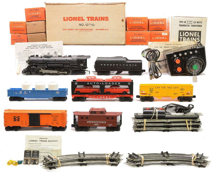 Lionel Berkshire Freight Set no. 12710 Boxed: Lionel postwar Berkshire freight set no. 12710 in individual boxes and set box containing; 736 black 2-8-4 Berkshire steam loco with a tamper, 736W Pennsylvania tender, 6162-110 blue NYC gondola with