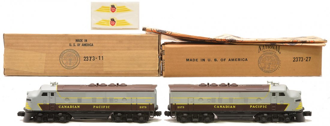Lionel 2373 Canadian Pacific F3 AA Units OBs: Lionel postwar 2373P/2373T Canadian Pacific F3 AA diesel units in OBs with original paper. The engines have never been run . The decal on the power A unit is flaking. Other than the flaking decal the 