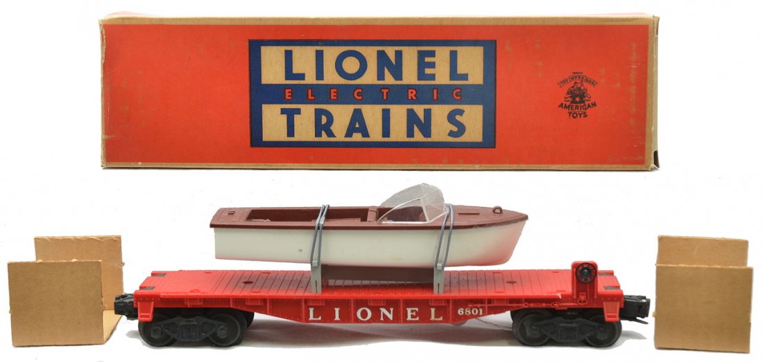 Lionel 6801 Flatcar w/Brown over White Boat OB: Lionel postwar 6801 red flatcar with boat that has a white hull and brown deck in OB that has two hard to find original cardboard inserts. Car has never been run, C9. The OB is missing one coupler fla