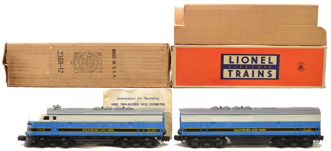 Lionel Postwar 2368 B&O F3 AB Diesel Units OBs: Lionel postwar 2368 Baltimore & Ohio F3 AB diesel units, circa 1956 with instruction sheet in OBs. The B unit has one nick on the roof and some box rubs. The units are C8. The B unit box has an origin