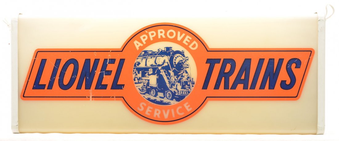 Lionel Neon Action Clock Lighted Dealer Sign: Lionel lighted dealer sign with a picture of a Hudson and reads LIONEL TRAINS APPROVED SERVICE, circa 1952. The back of the case is lettered NEON ACTION CLOCK SIGN CO. 580 FIFTH AVE. NEW YORK, N.Y. Th