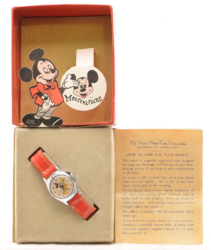 Vintage Mickey Mouse Wrist Watch in Display OB: Vintage Mickey Mouse wrist watch by US Time Corporation in original box with instruction sheet. The box has a neat cardboard pop up Mickey Mouse figure with Mickey Mouse head lettered Mouseketeers. Th