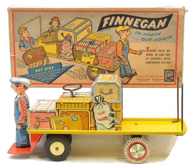 Unique Art Finnegan In Again Out Again Cart OB: Unique Art Mfg. Co. tin lithographed Finnegan In Again Out Again luggage cart in OB, circa 1955. The lithographing is bright and clean, cart is C7-8. The OB is missing one interior flap.