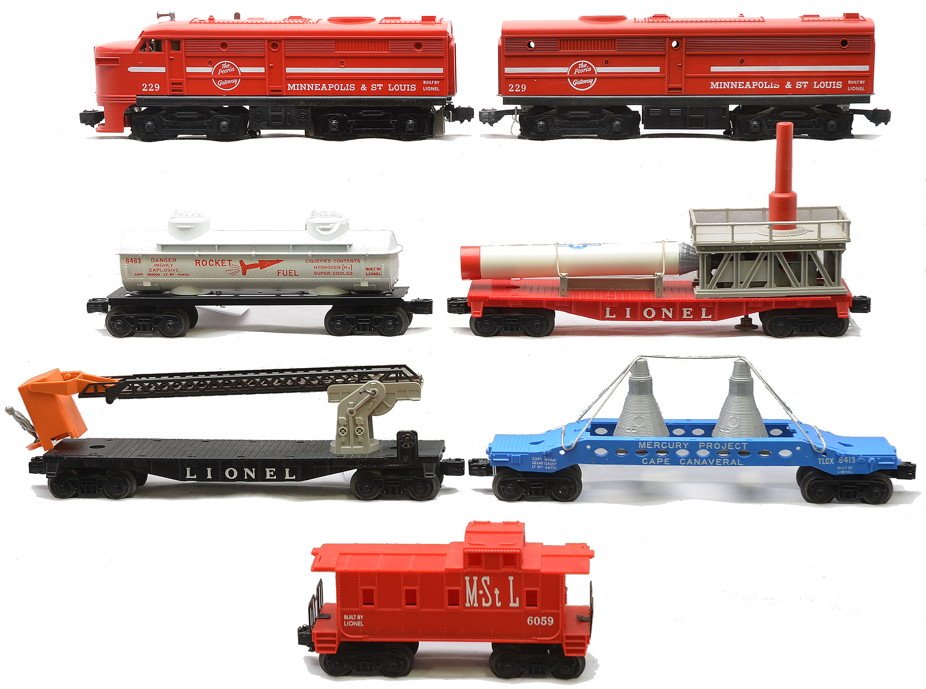 Lionel 7-Unit Orbiter Diesel Freight Set 11288: Lionel postwar seven-unit Orbiter diesel freight set no. 11288, circa 1962 containing; 229P/229C Minneapolis & St. Louis Alco AB units, 3413 Mercury capsule launcher with rocket that has a parachute, 