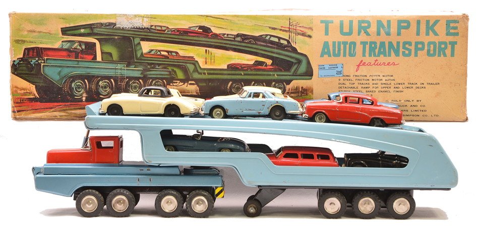 Sears Shioji Japanese Turnpike Auto Transport OB: Sears made by Shioji of Japan Turnpike Auto Transport with friction power motor and nine steel friction motor autos and in OB, C7.