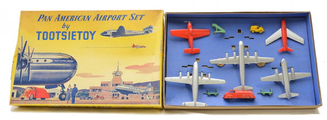 TootsieToy no. 6500 Pan American Airport Set: TootsieToy no. 6500 Pan American Airport set in OB with original blue inserts. The set is complete with all die-cast airplanes, vehicles, accessories and pins. Set is C7-8. Box has nice color graphics