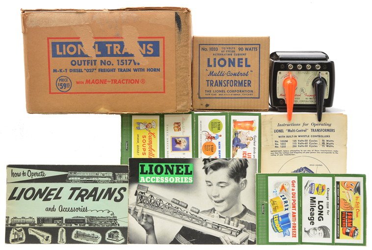 Lionel Set Box ONLY Texas Special Set 1517W: Lionel postwar set box only for the Texas Special freight set no. 1517W, circa 1954. Also included is a 1033 90-watt transformer with operating booklet, accessory booklet, instruction sheet and billbo