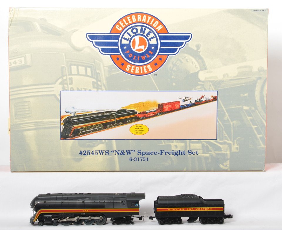 Lionel PWC 31754 space freight set: Lionel modern O gauge 2545WS Space-Freight set. Catalog number 31754. Set includes 746 J class with Railsounds 5.0 fan driven smoke and TMCC. _x000B__x000B_Cars included are:_x000B_# #6175 flat car in