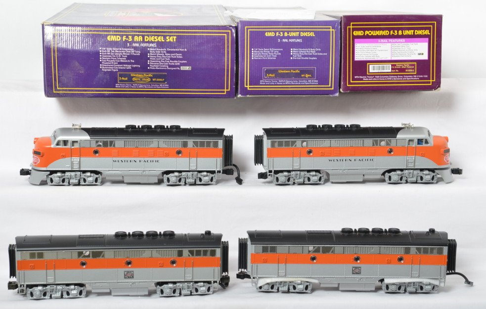 MTH Western Pacific F3 A-B-B-A with Proto: MTH modern O gauge Western Pacific O Gauge F3 A-B-B-A set in OBs. Catalog numbers are MT-2056LP, and MT-2064L. Also includes 20-2056-3 powered B unit. Powered A unit features Protosound, Protocouplers