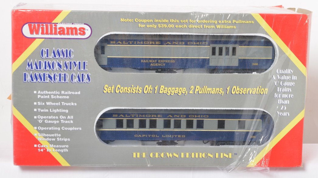 Williams B&O Madison passenger set: Williams modern O gauge Baltimore and Ohio Madison car four pack in OB. Cars are C8 with run time. OB has some light wear.