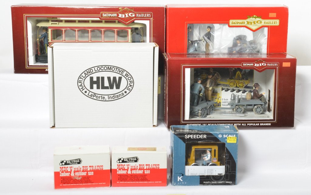 7 G scale motorized units MDC, Bachmann, HLW, etc.: Motorized modern G scale units in OBs. Includes 09211 HLW waddlin goose, K Line 92004 Union Pacific speeder, Bachmann 96201 handcar with trailer, 93939 street car, and 96201 handcar with trailer, MDC 