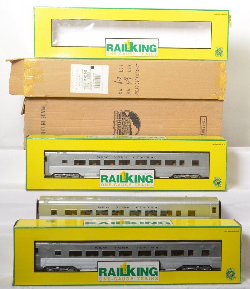 5 Railking one gauge NYC streamlined passenger cars: Railking modern one gauge G scale New York Central passenger cars in OBs. Five cars include 65004-A, B , and C coaches, 68004 observation, and 67004 coach. Cars are C7 to C7+ have seen some moderate r