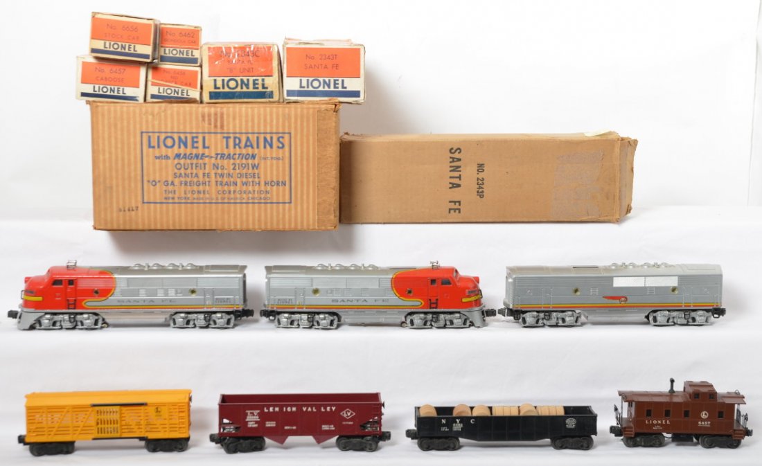 Lionel Outfit No. 2191W Santa Fe twin diesel freight in: Postwar Lionel O gauge Outfit No. 2191W Santa Fe twin diesel O Ga. freight train with horn in original boxes. Set is comprised of: 2343P, 2343C, and 2343T Santa Fe EMD diesel A-B-A units, 6456 Lehigh