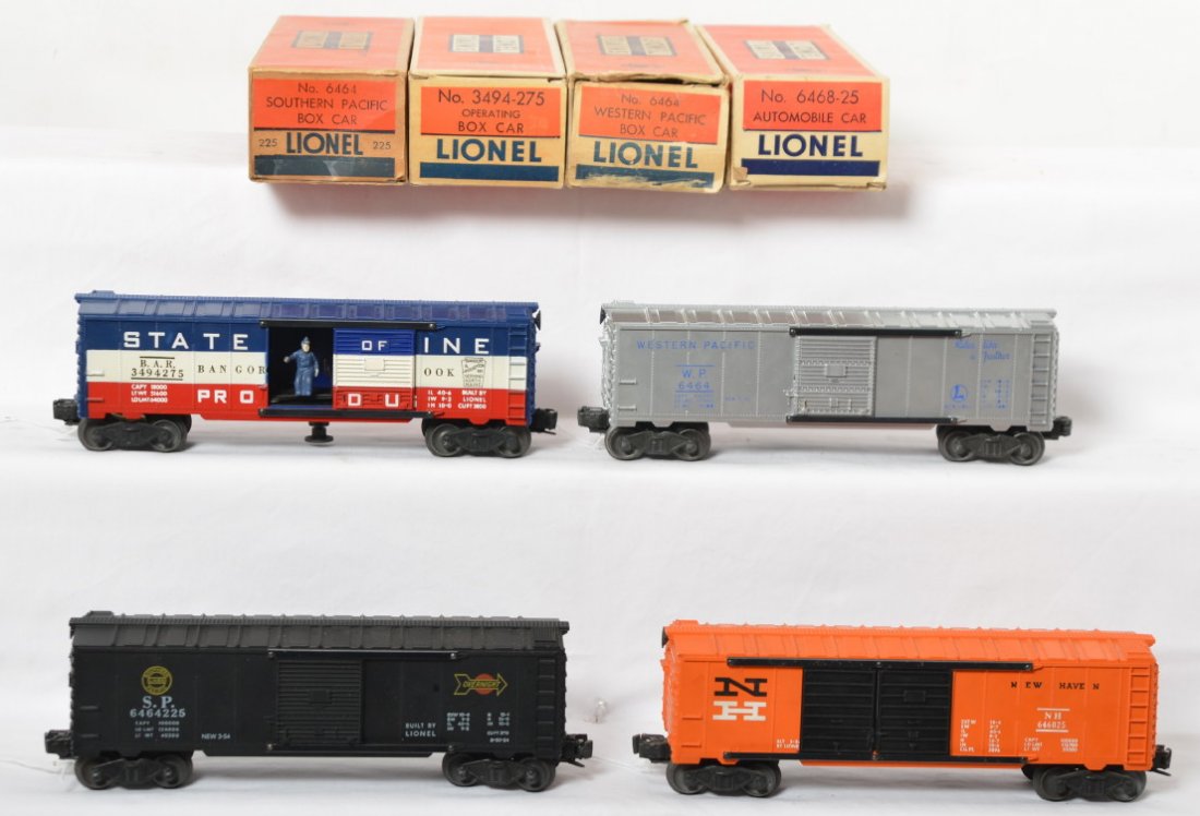 Lionel 3494-275, 6464-1, 6464-225, and 6468-25 in OB: Postwar Lionel O gauge 3494-275 BAR operating boxcar, 6464-1 Western Pacific boxcar, 6464-225 Southern Pacific boxcar, and 6468-25 New Haven double door automobiles boxcar. Tiny bit of surface rust on