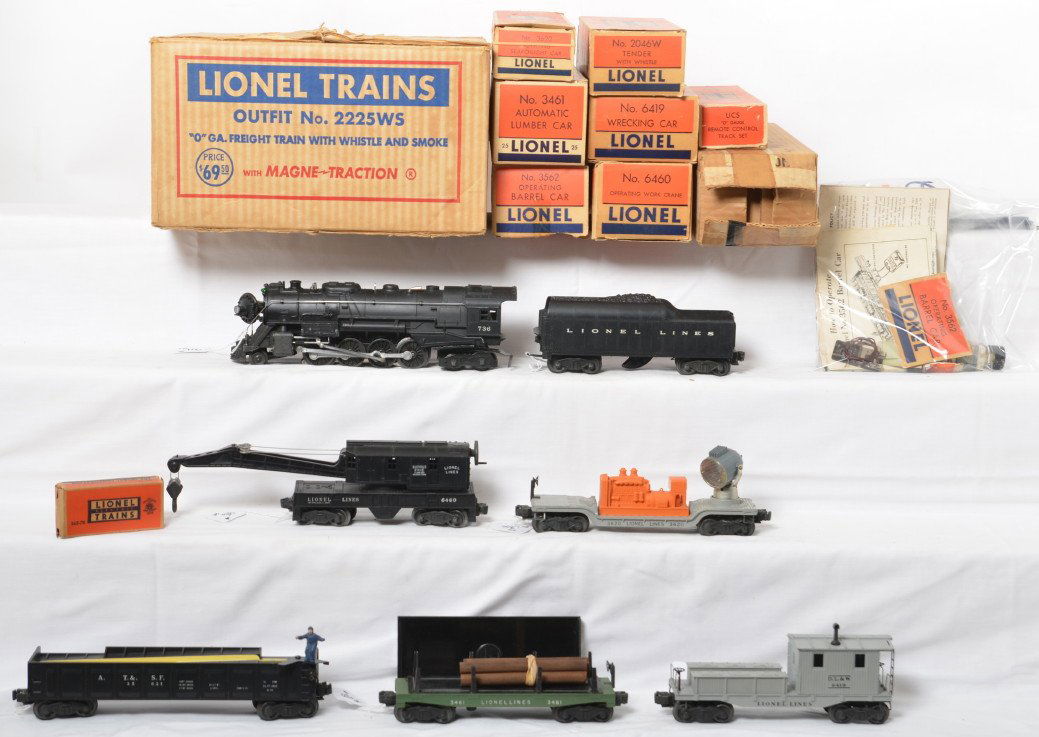 Boxed Lionel OUTFIT No. 2225WS 736, 2046W, freight: Postwar Lionel O gauge OUTFIT No. 2225WS O GA. freight train with whistle and smoke with Magne-Traction in original boxes. Set is comprised of: 736 steam locomotive, 2046W whistle tender, 3620 searchl