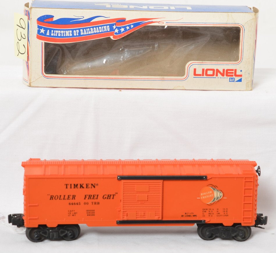 Lionel No. 6464-500 Timken Roller Freight boxcar in OB: MPC era Lionel O gauge 6464-500 Timken Roller Freight boxcar in original cellophane display front box. Train looks unrun C9-10. Box shows some light wear and soiling.