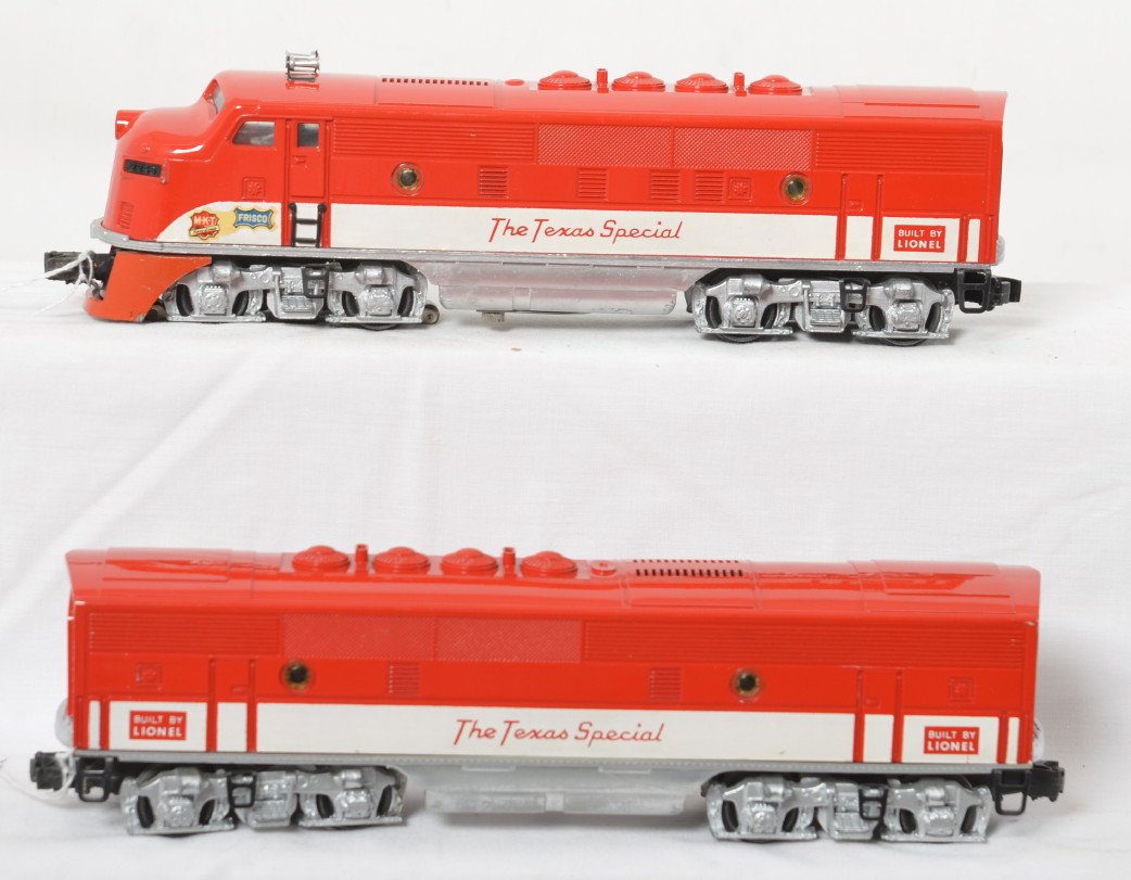 Lionel 2245 The Texas Special F3 A-B diesel locos: Postwar Lionel O gauge 2245 MKT The Texas Special EMD diesel F3 A-B units. Repainting/touchups to pilots and trucks. Trains otherwise look C7-8.