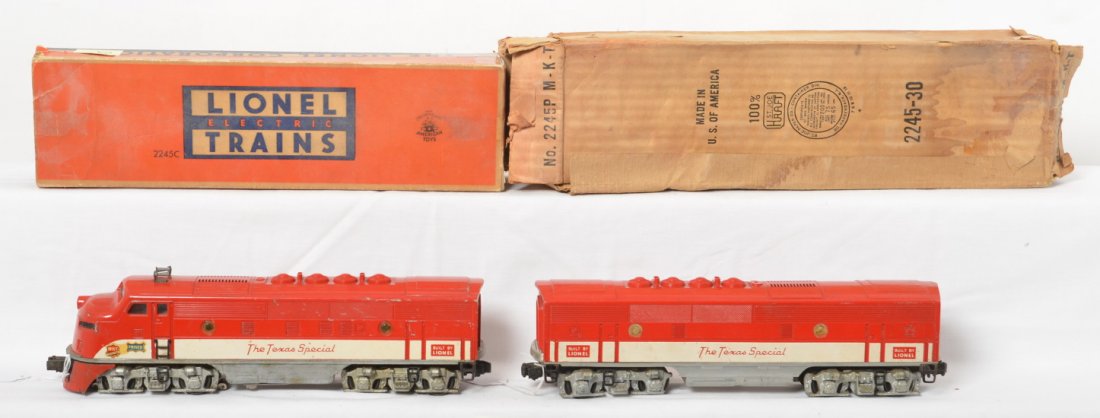 Lionel 2245P and 2245C MKT The Texas Special in OB: Postwar Lionel O gauge 2245P and 2245C MKT The Texas Special EMD F3 diesel A-B units in original boxes, C6 with clean battery compartment. Boxes show wear, missing, detached flaps, and or etc.