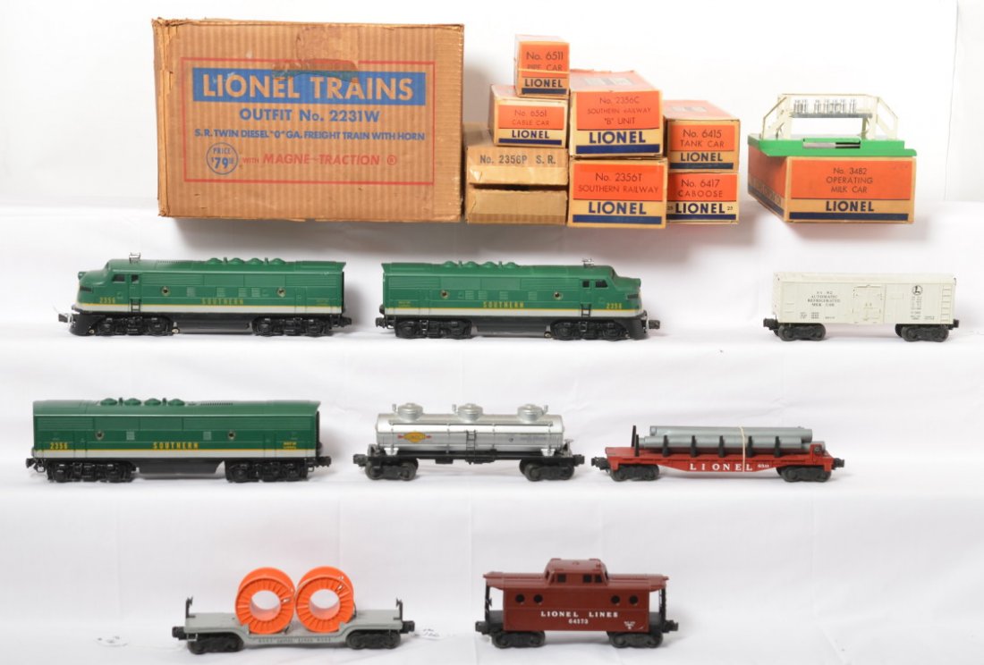 Boxed Lionel OUTFIT No. 2231W S.R. Twin diesel freight: Postwar Lionel O gauge OUTFIT No. 2231W S.R. Twin diesel O Ga. freight train with horn, with Magne-Traction in OB. Set is comprised of: 2356P, 2356C, and 2356T Southern EMD F3 diesel A-B-A units, 3482