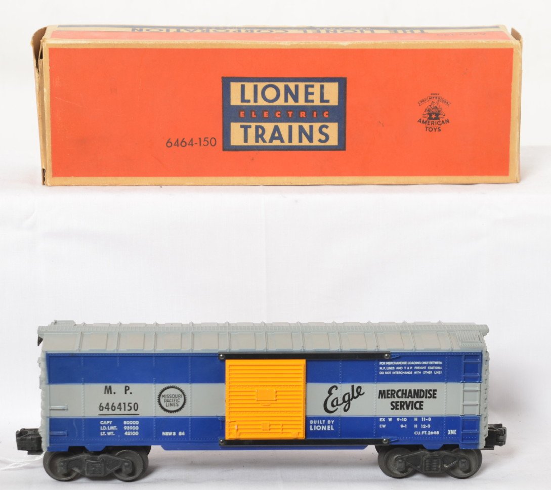 Lionel 6464-150 Missouri Pacific boxcar in OB: Postwar Lionel O gauge 6464-150 Missouri Pacific boxcar in original box, should clean and polish unrun C9 area. Box has tape repaired end flap, otherwise very square and solid no missing flaps.