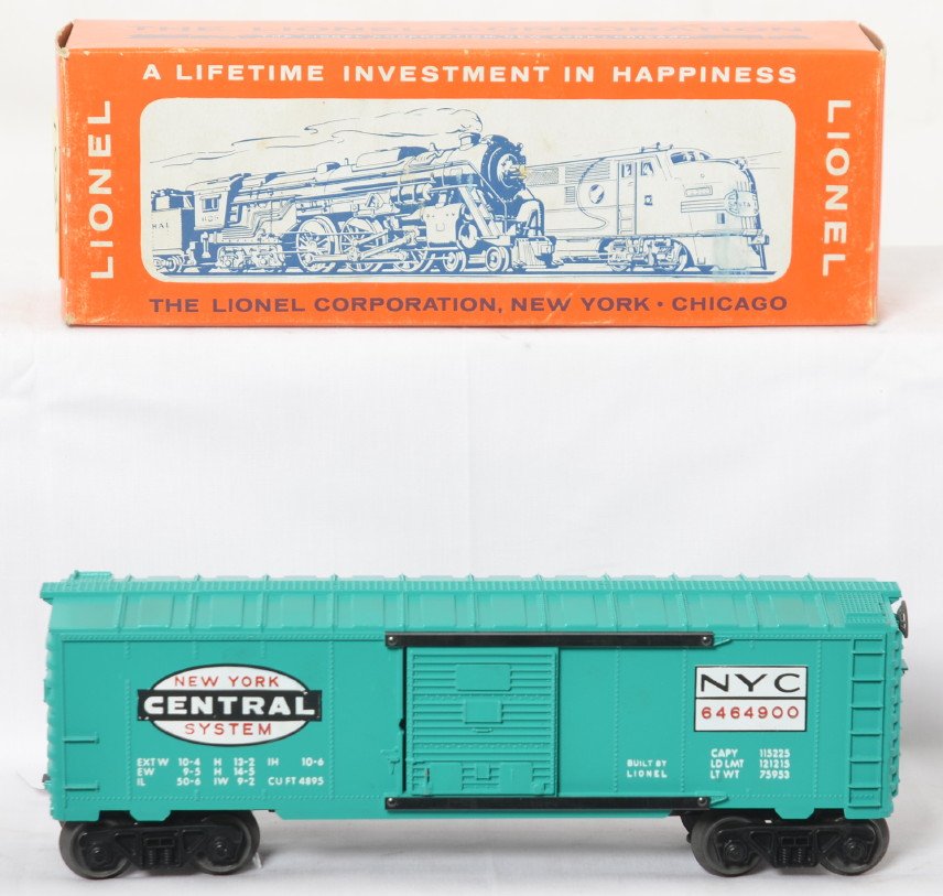 Lionel 6464-900 New York Central boxcar in OB Mint: Postwar Lionel O gauge 6464-900 NYC New York Central boxcar in original box, unrun C9-10. Box has a couple little scuffs, some small writing on and end flap, super square and solid with no torn or mis