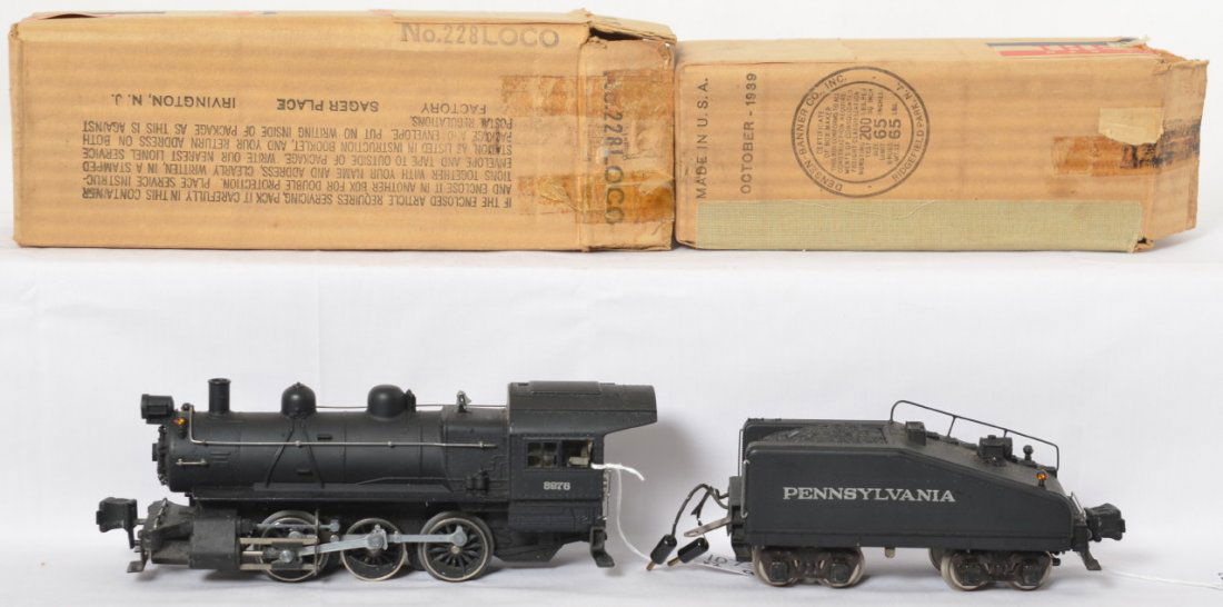High grade Lionel prewar 228 switcher, 2228B OB: High grade Lionel prewar O gauge 228 steam switcher 0-6-0 with 2228B tender. Very nice C8-9. Boxes are also high grade, no inserts but do have the cotton wrap. Nice trains!