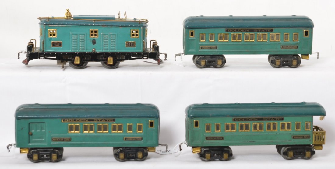 American Flyer Golden State passenger set 3115, 3280...: Prewar American Flyer O gauge Golden State passenger set with 3115 boxcab electric locomotive with 3280 Club Car, 3281 Pullman, and 3282 observation. Loco is missing headlights, one very small touchup