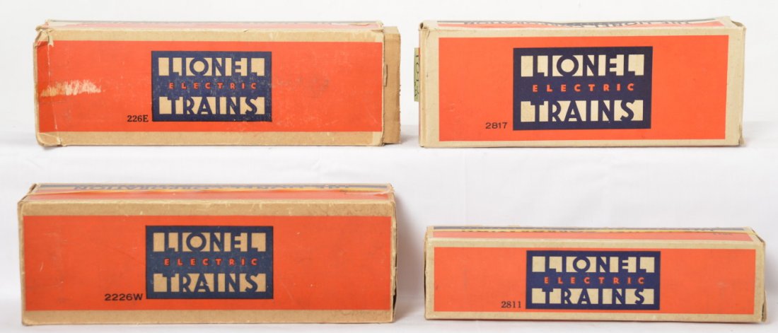 Lionel 226E, 2226W, 2811, 2817 empty boxes w/inserts: Prewar Lionel O gauge empty boxes, missing flaps, tape repairs, etc. Loco and tender boxes have inserts. Boxes are sold as they are shown in our photos with no returns. 226E steam locomotive, 2226W te