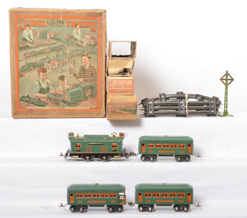Lionel Outfit No. 296 Special No. 5188 set in OBs: Prewar Lionel O gauge Outfit No. 296, CustomerÃ•s Special Catalog Number 5188 in original boxes. Set is comprised of: 253 P. Blue boxcab electric locomotive, two 607 Pullmans, and 608 observation a