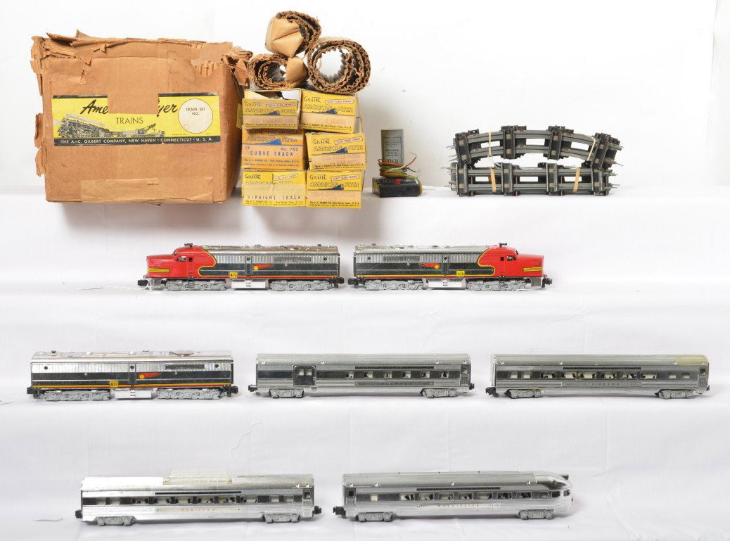 American Flyer K5375W boxed Santa Fe passenger set in: Postwar American Flyer S gauge boxed passenger set K5375W Santa Fe The Chief chrome passenger set with 470, 471, and 473 Santa Fe PA-1, PB-1, PA-1 Alco A-B-A diesel locomotives with 960 Columbus bagga