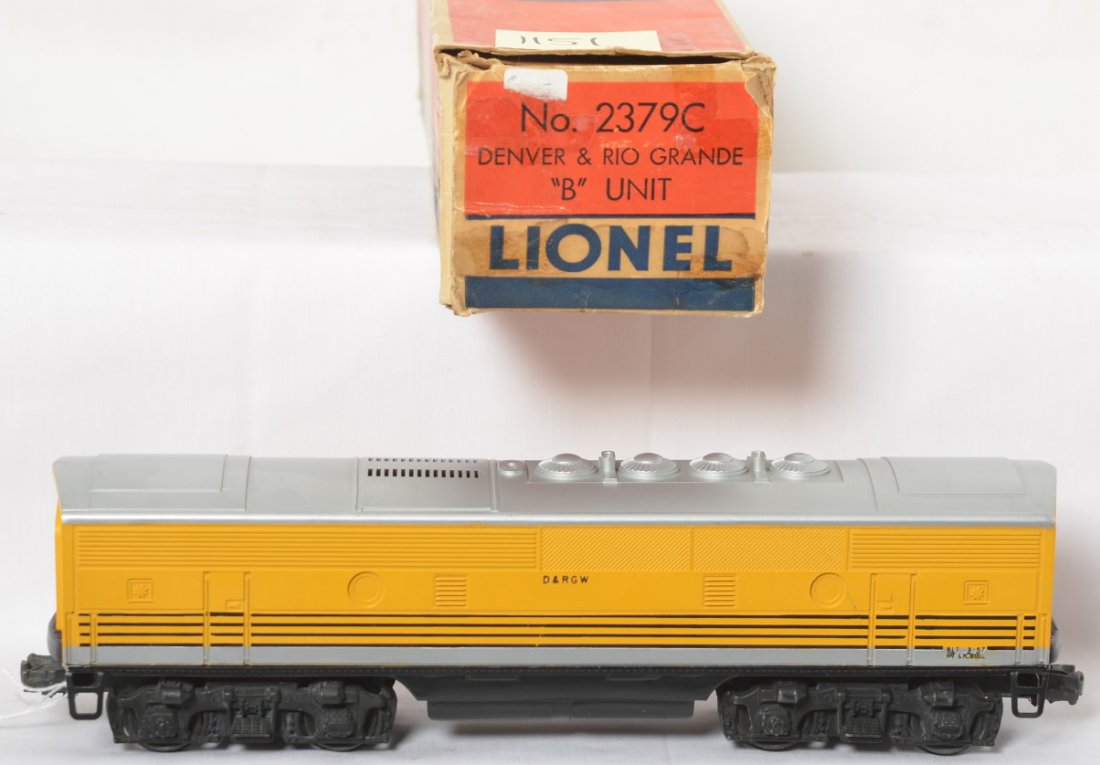 Lionel 2379C Denver & Rio Grande F3b diesel in OB: Postwar Lionel O gauge 2379C Denver & Rio Grande Western EMD F3b diesel locomotive unit in original box with insert, C6+, very clean car. Box has missing flaps, old tape marks, etc.