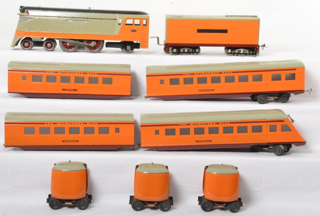 JAD Lines Milwaukee The Hiawatha passenger G scale: Modern era JAD Lines G scale/Gauge 1 Milwaukee Road The Hiawatha steam passenger train with No. 3 streamline steam loco and tender with Minnewawa combine, Diner car, Ishkoodah coach, Wenonah observati