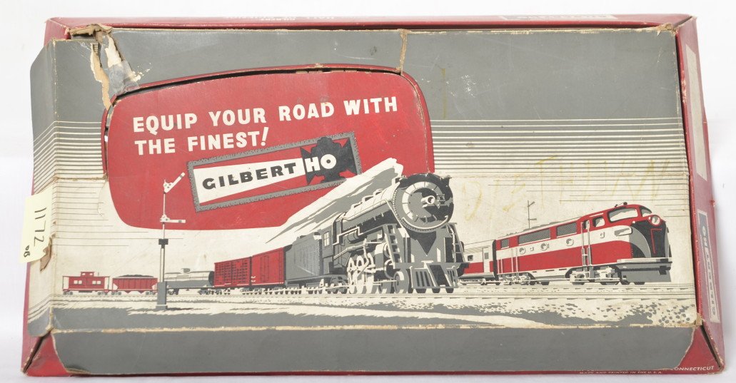 Gilbert HO Pennsylvania set: Gilbert postwar HO Pennsylvania set in incorrect set box. Set box and internal boxes are for 30315 Baltimore and Ohio set, but set includes 9503 Pennsylvania diesel locomotive, 524 refrigerator car, 3
