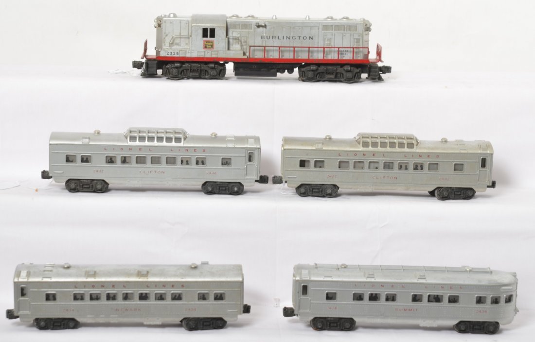 Lionel Burlington 2328 2432, 2432, 2434, 2436: Lionel Postwar O gauge trains including 2328 Burlington GP-7 diesel locomotive, two 2432 Clifton vista domes, 2434 Newark coach, and 2436 Summit observation. Trains are C6-7.