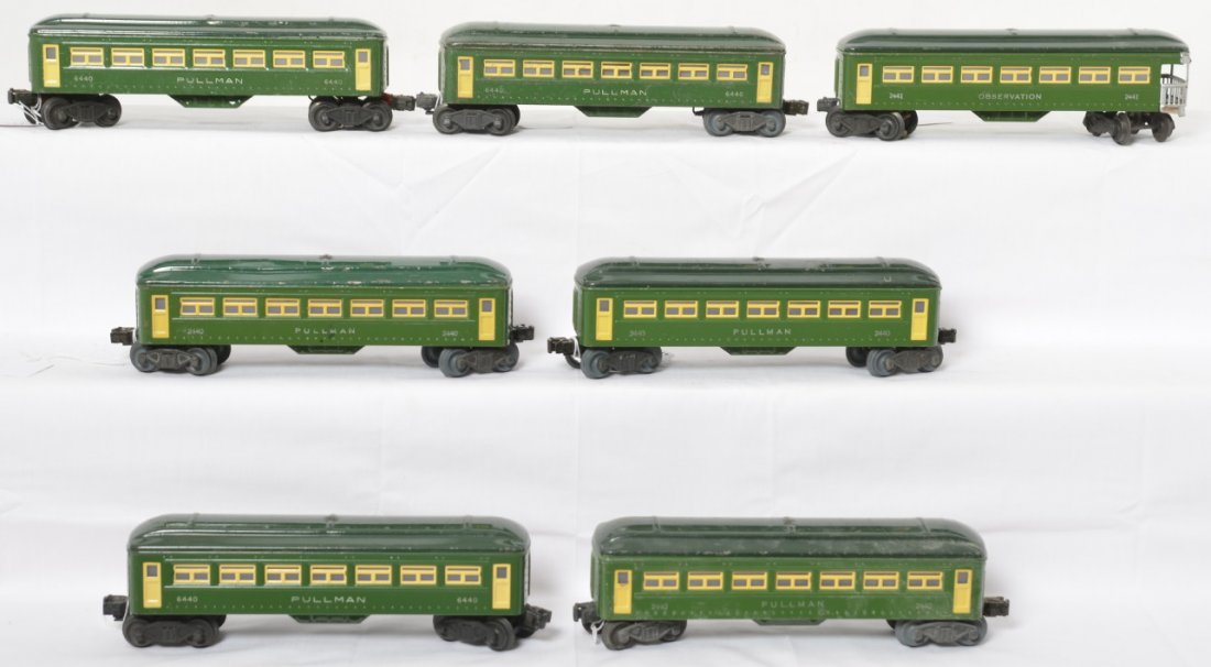 7 Lionel passenger cars 6440, 2440, 2441: Lionel Postwar O gauge passenger cars. Includes three 6440 Pullman coaches, three 2440 Pullman coaches, and 2441 observation. This is a General Condition lot meaning we have not graded or examined eve