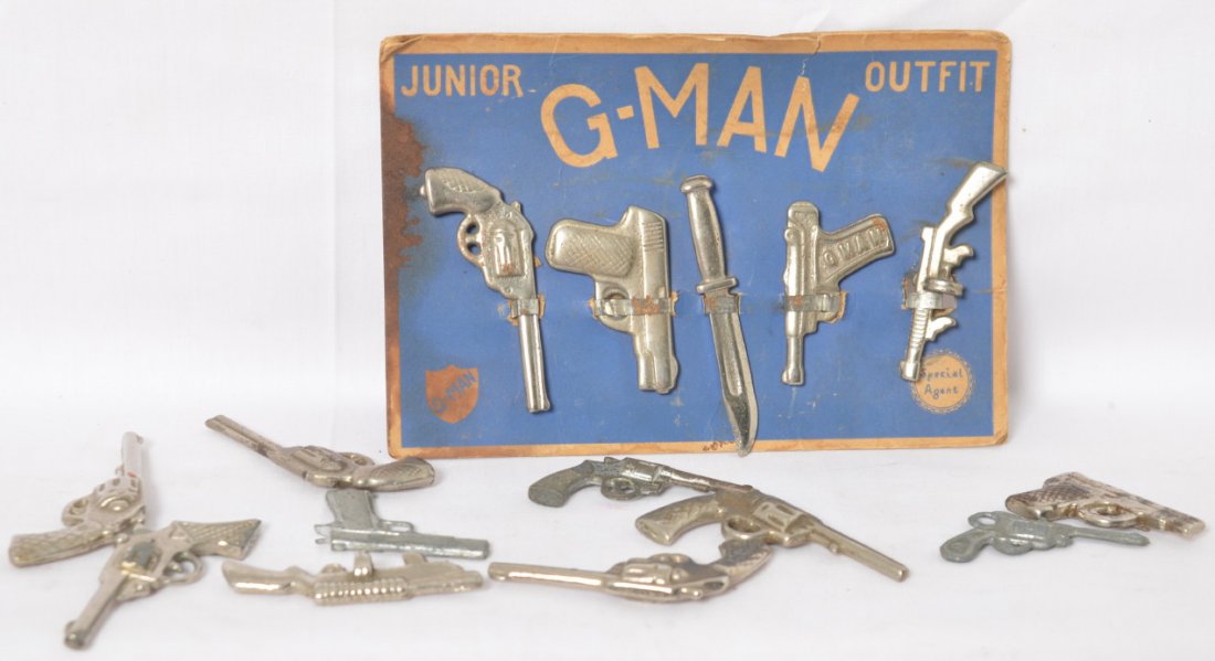 Junior G-Man Outfit Special agent chrome weapons on: Junior G-man Outfit Special Agent weapons on card and extra chromed and painted metal weapons. Weapons measure approximately 2-1/4Ã“ long or slightly shorter. Five weapons on card, and ten loose. W