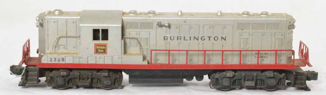 Lionel 2328 Burlington GP-7 diesel road switcher: Postwar Lionel O gauge 2328 Burlington GP-7 diesel road switching locomotive, very small tight hairlines at both screws, otherwise C6.