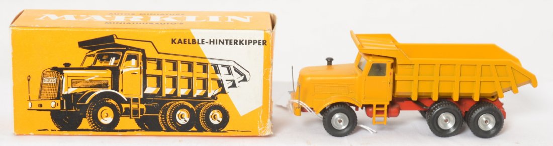 Marklin 8036 Kaelble-Hinterkipper diecast truck in OB: Marklin 8036 Kaelble-Hinterkipper diecast dumping truck in original box with insert, C9-10. Box looks C8-9. Little ding in one end of box with original? price sticker.